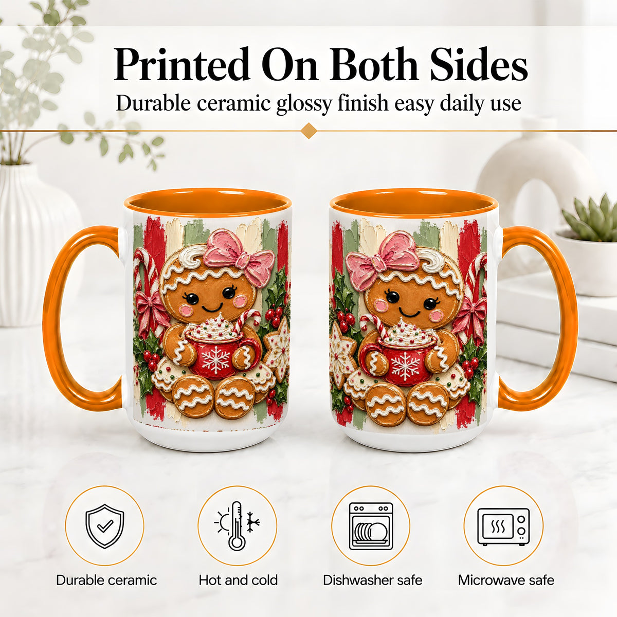 #pl[15oz|Orange] Gingerbread Girl Ceramic Mug, Christmas Cocoa Holiday Artwork