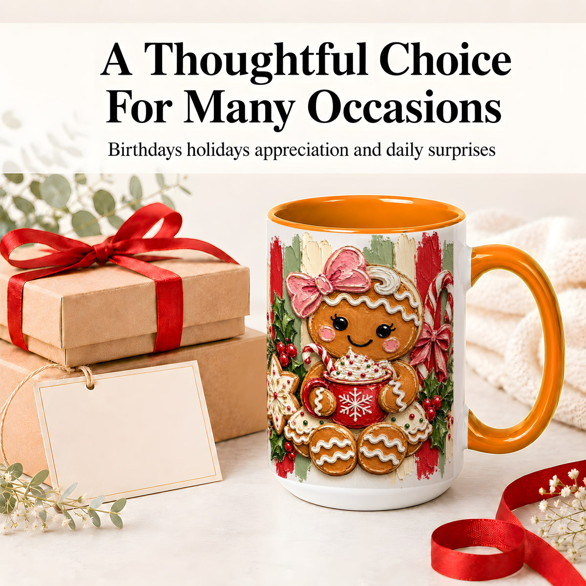 #pl[15oz|Orange] Gingerbread Girl Ceramic Mug, Christmas Cocoa Holiday Artwork