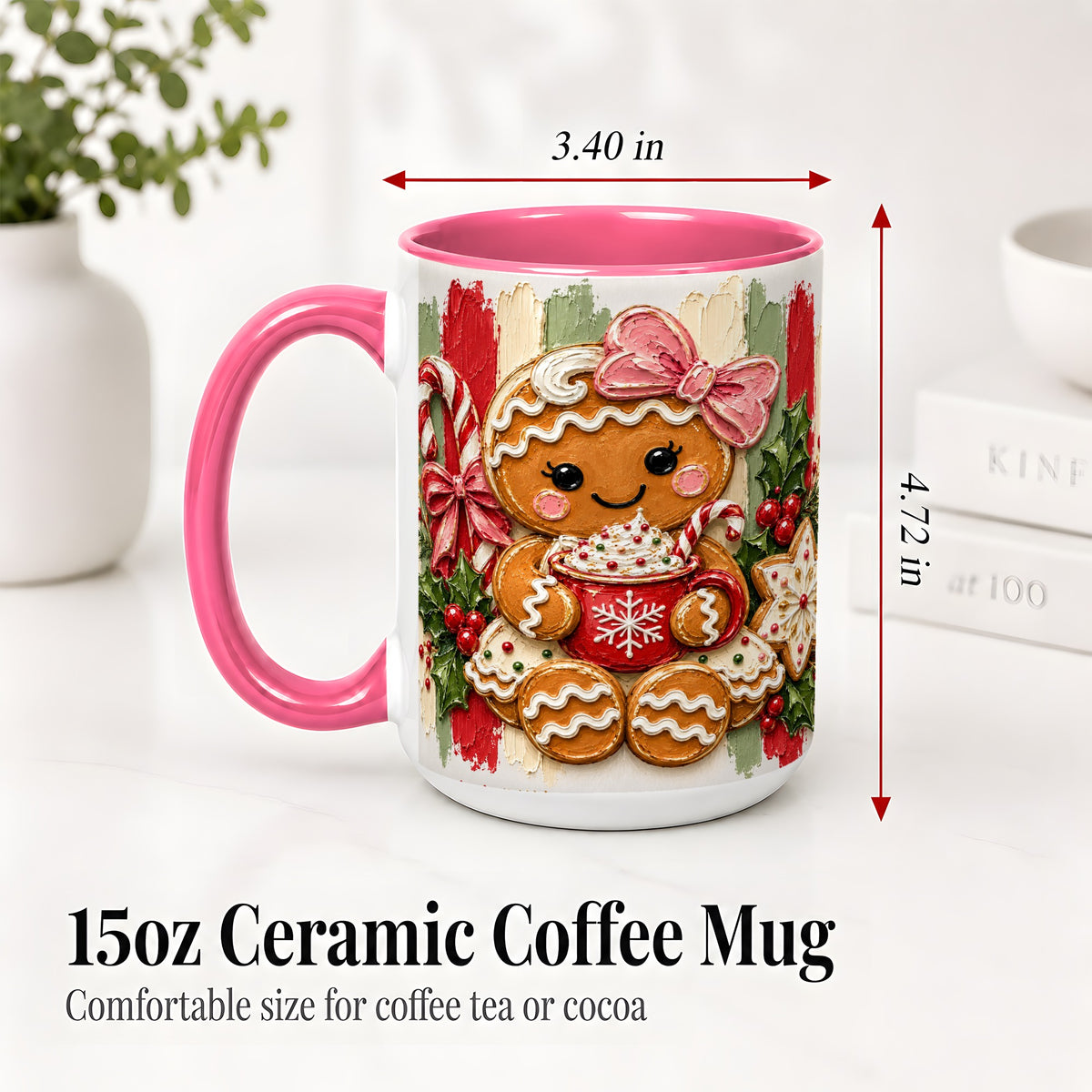 #pl[15oz|Pink] Gingerbread Girl Ceramic Mug, Christmas Cocoa Holiday Artwork