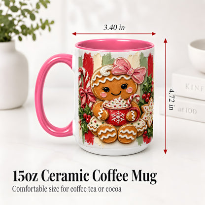 #pl[15oz|Pink] Gingerbread Girl Ceramic Mug, Christmas Cocoa Holiday Artwork