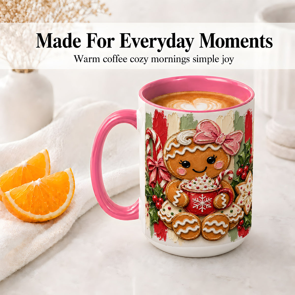 #pl[15oz|Pink] Gingerbread Girl Ceramic Mug, Christmas Cocoa Holiday Artwork
