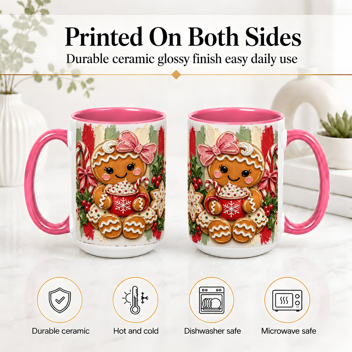 #pl[15oz|Pink] Gingerbread Girl Ceramic Mug, Christmas Cocoa Holiday Artwork