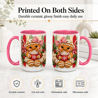 #pl[15oz|Pink] Gingerbread Girl Ceramic Mug, Christmas Cocoa Holiday Artwork