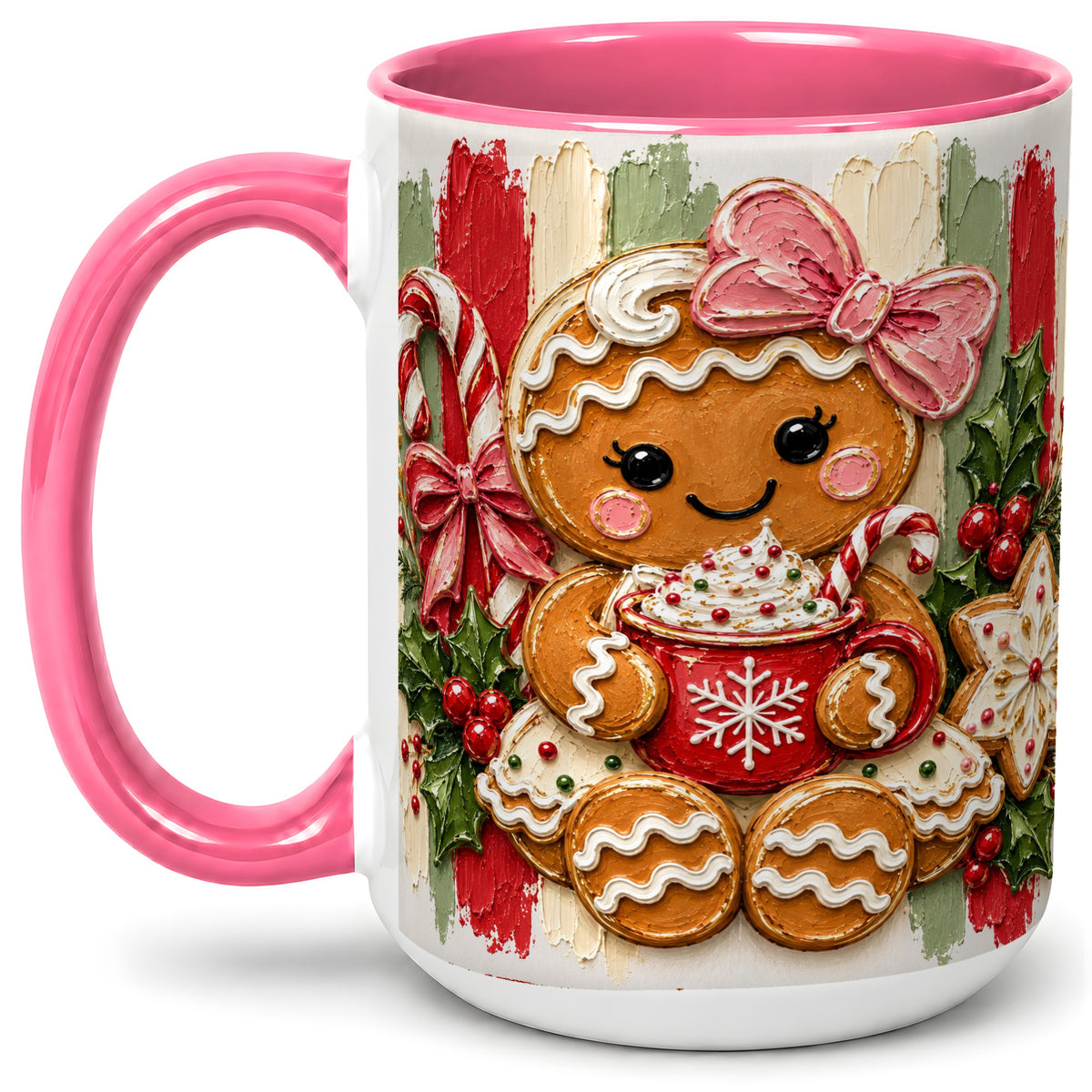 #pl[15oz|Pink] Gingerbread Girl Ceramic Mug, Christmas Cocoa Holiday Artwork