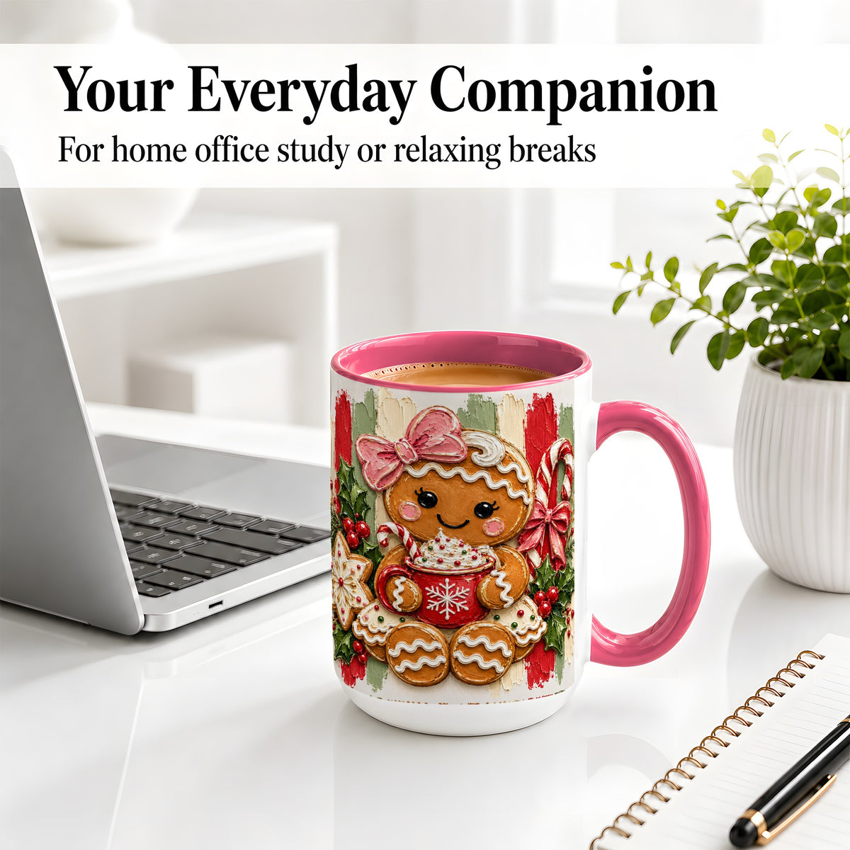 #pl[15oz|Pink] Gingerbread Girl Ceramic Mug, Christmas Cocoa Holiday Artwork