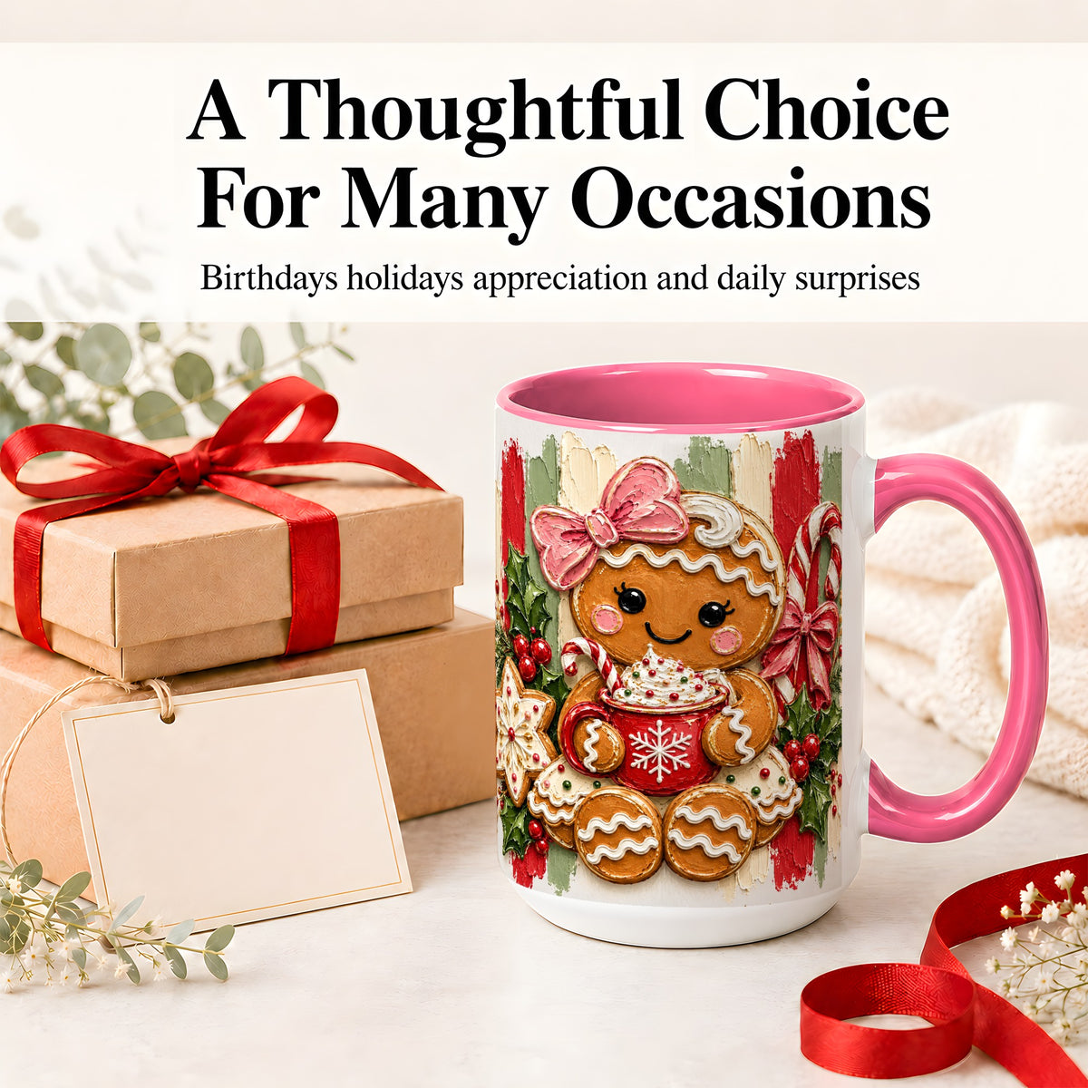 #pl[15oz|Pink] Gingerbread Girl Ceramic Mug, Christmas Cocoa Holiday Artwork