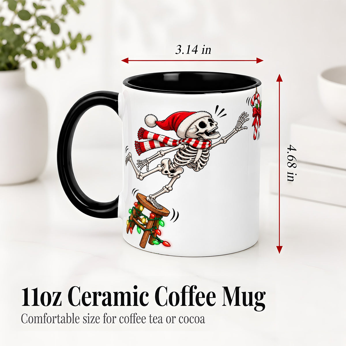 #pl[11oz|Black] Christmas Skeleton Ceramic Mug, Playful Santa Holiday Coffee Cup