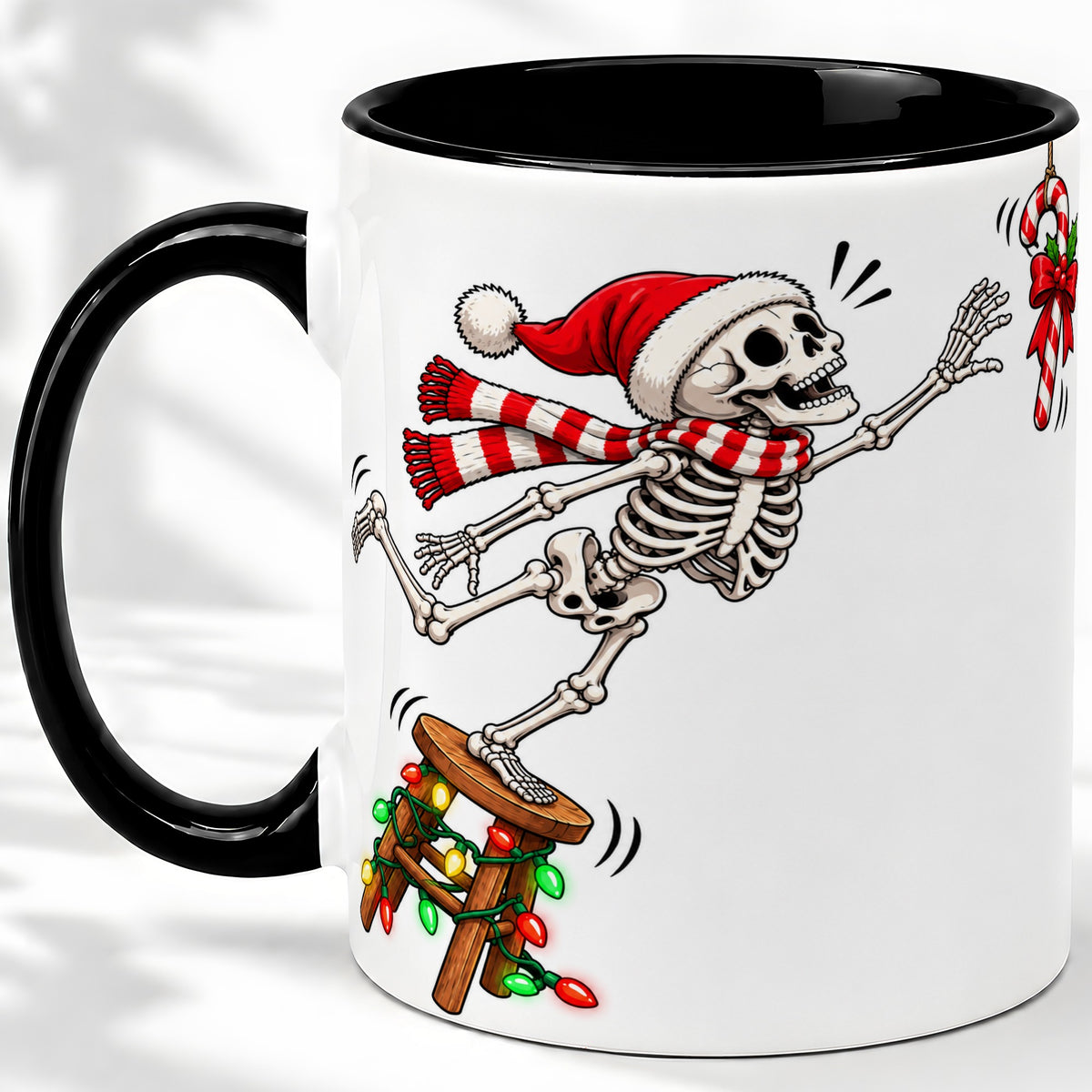 #pl[11oz|Black] Christmas Skeleton Ceramic Mug, Playful Santa Holiday Coffee Cup