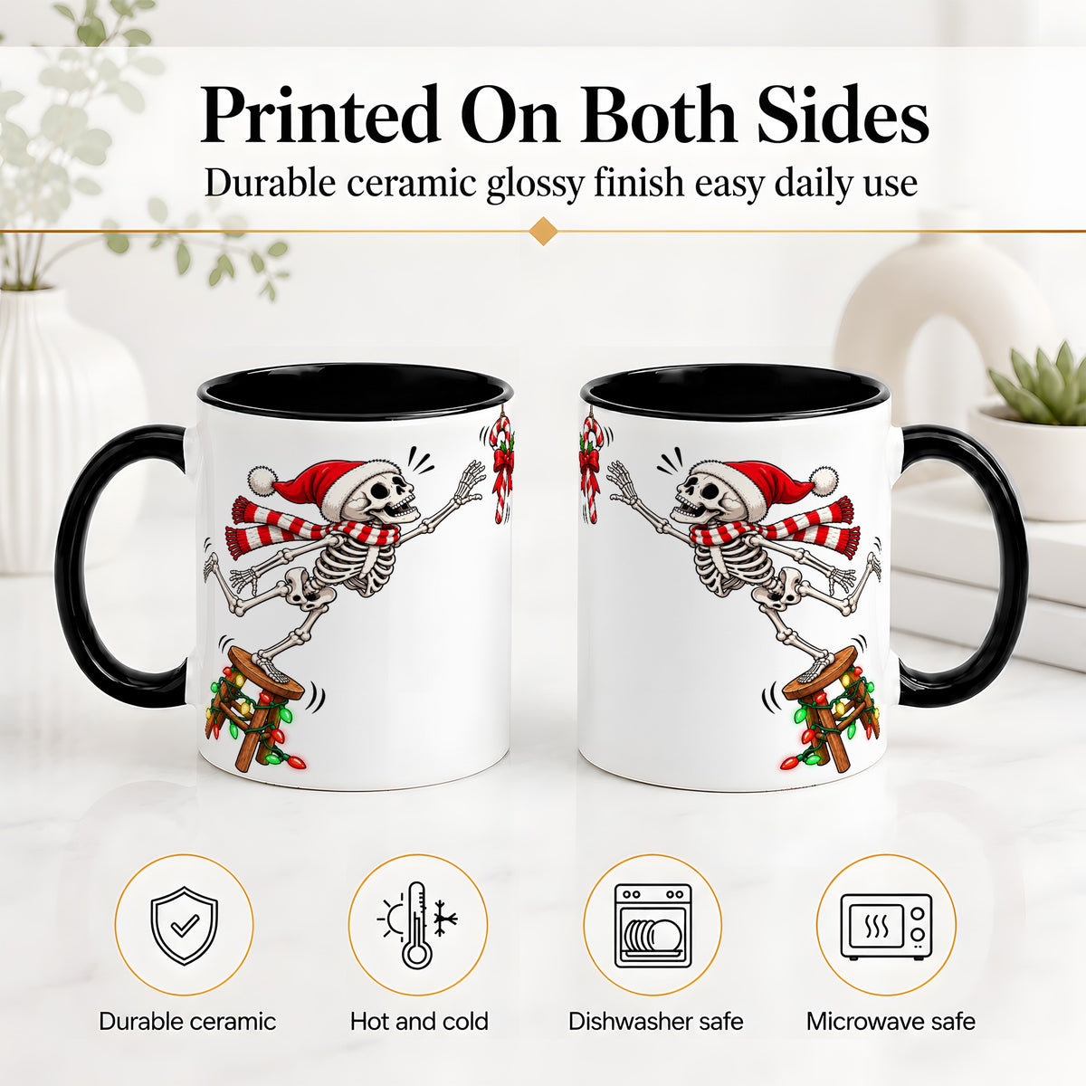 #pl[11oz|Black] Christmas Skeleton Ceramic Mug, Playful Santa Holiday Coffee Cup