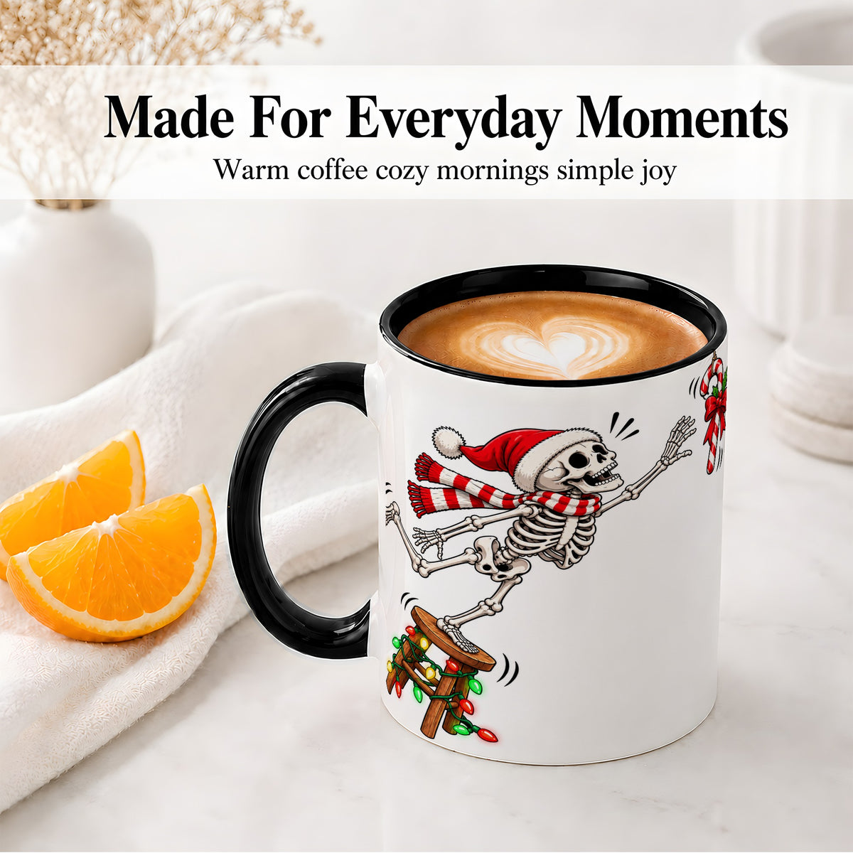 #pl[11oz|Black] Christmas Skeleton Ceramic Mug, Playful Santa Holiday Coffee Cup