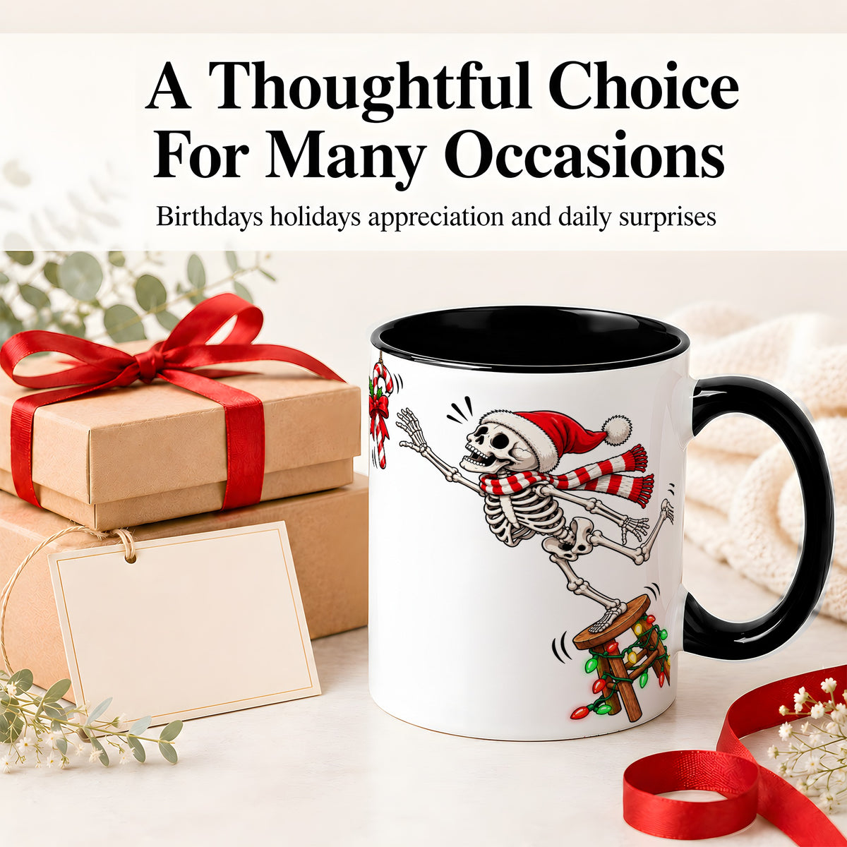 #pl[11oz|Black] Christmas Skeleton Ceramic Mug, Playful Santa Holiday Coffee Cup