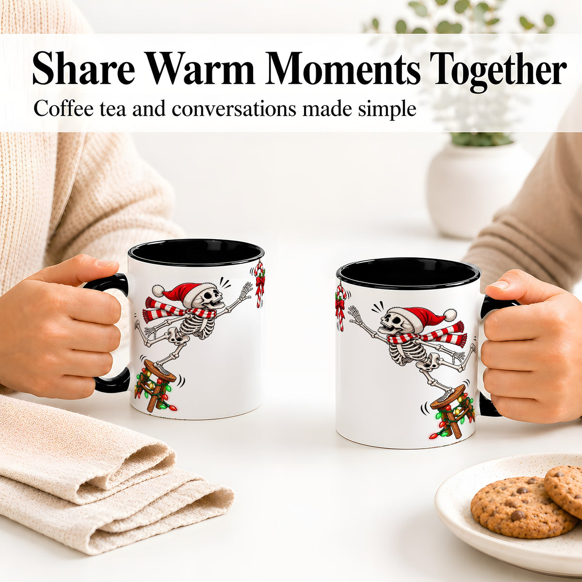 #pl[11oz|Black] Christmas Skeleton Ceramic Mug, Playful Santa Holiday Coffee Cup