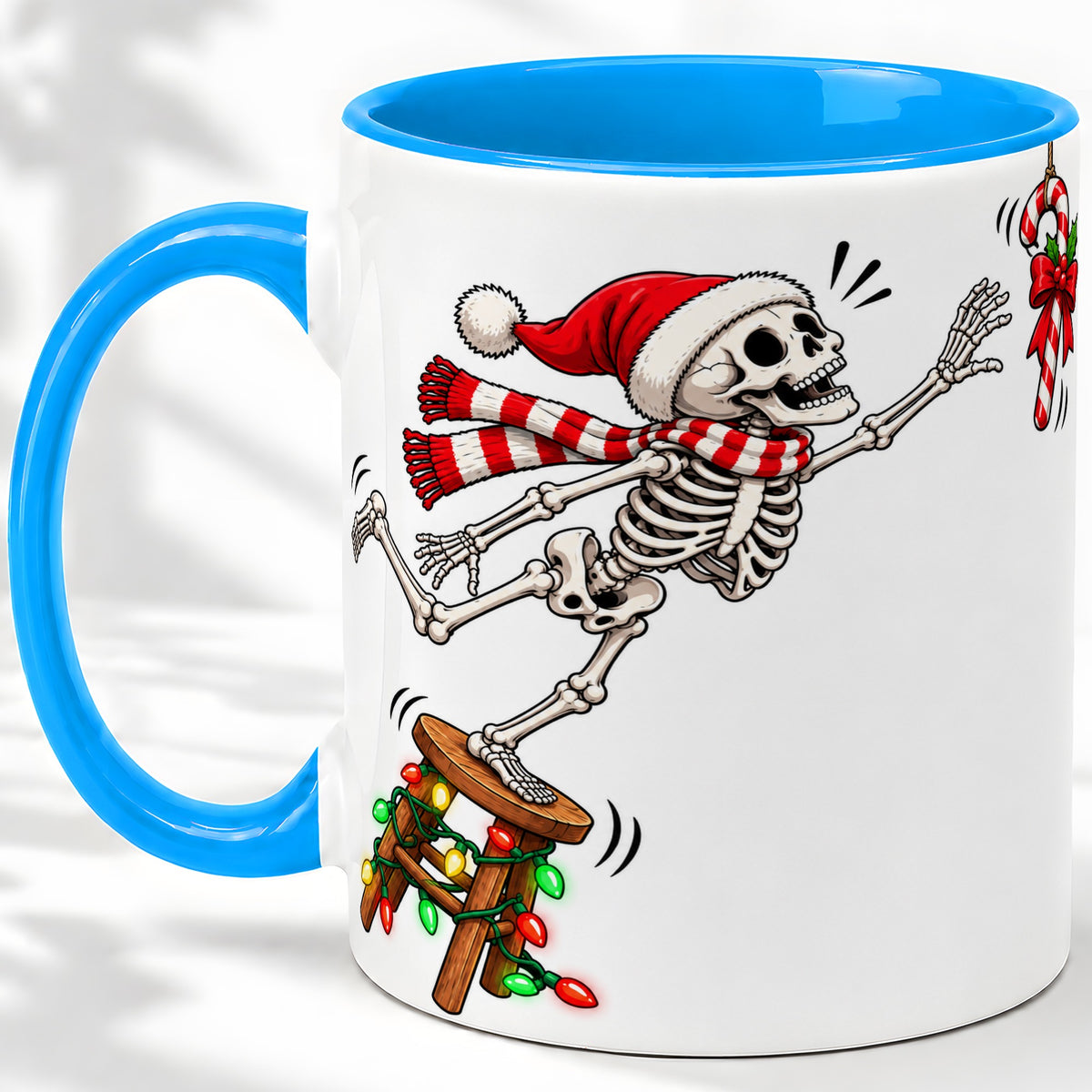 #pl[11oz|Blue] Christmas Skeleton Ceramic Mug, Playful Santa Holiday Coffee Cup