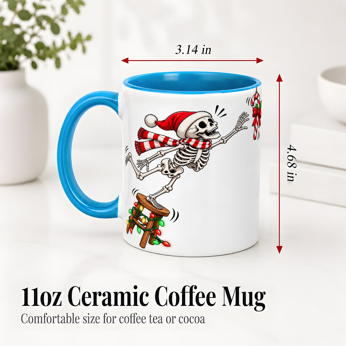 #pl[11oz|Blue] Christmas Skeleton Ceramic Mug, Playful Santa Holiday Coffee Cup