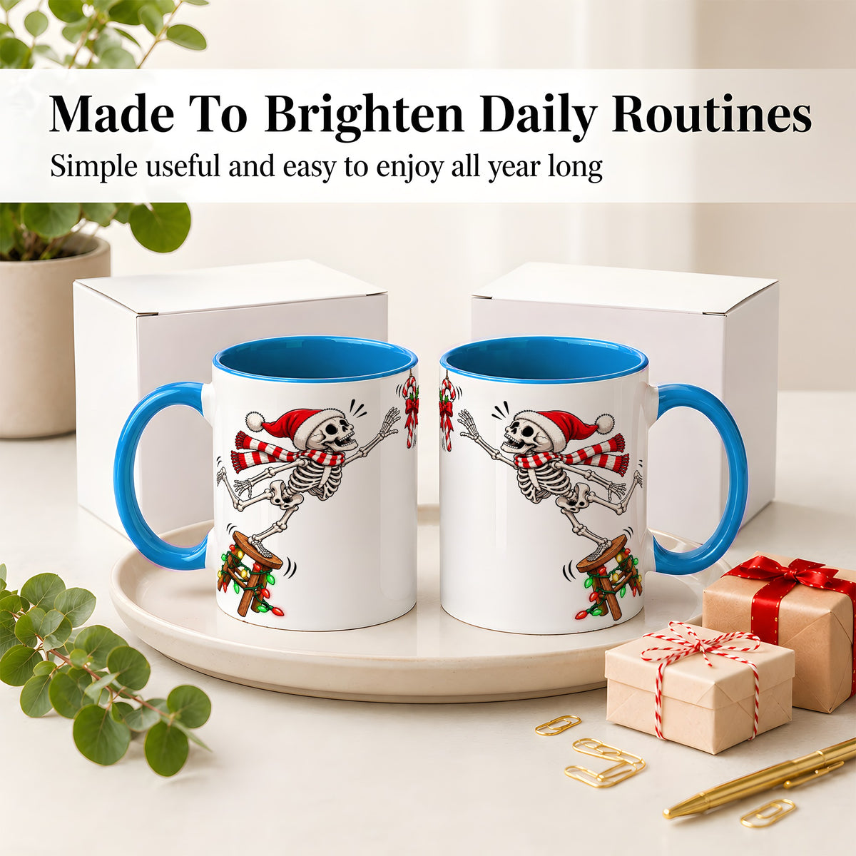 #pl[11oz|Blue] Christmas Skeleton Ceramic Mug, Playful Santa Holiday Coffee Cup
