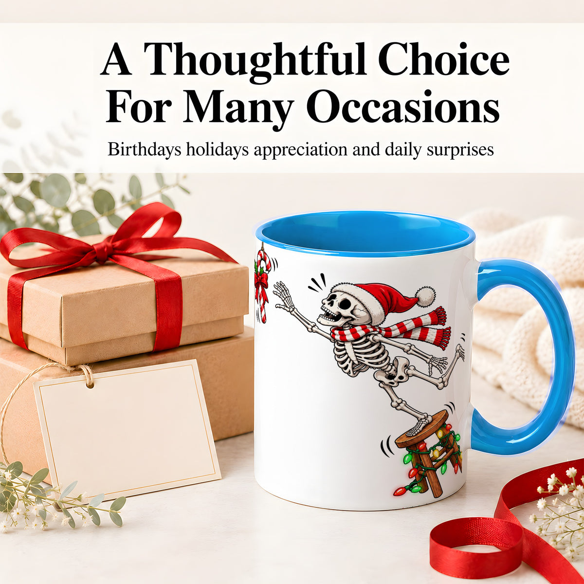 #pl[11oz|Blue] Christmas Skeleton Ceramic Mug, Playful Santa Holiday Coffee Cup