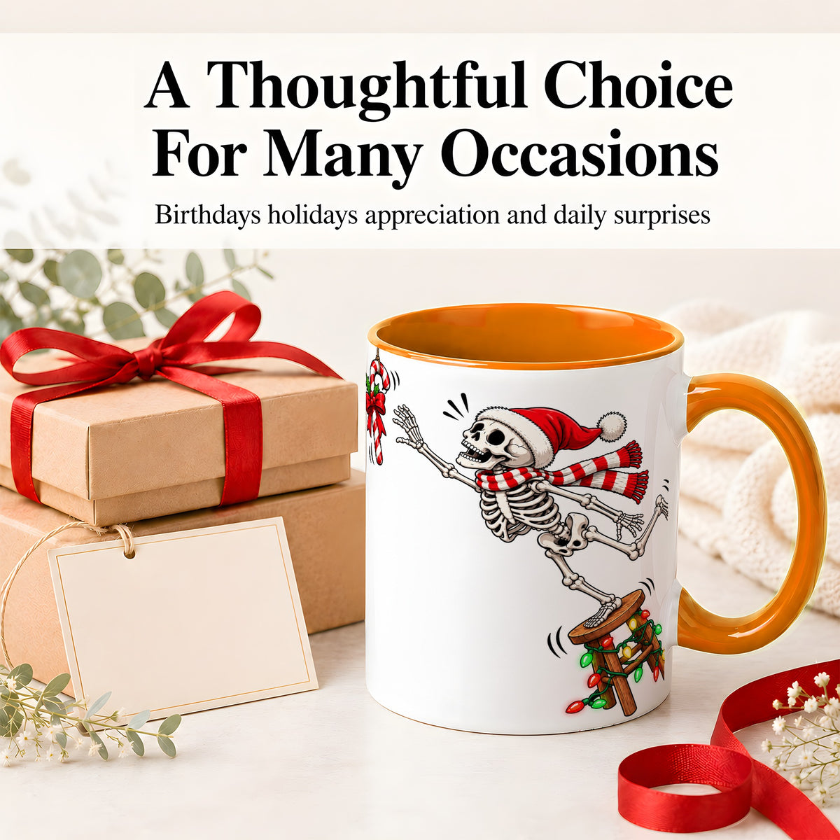 #pl[11oz|Orange] Christmas Skeleton Ceramic Mug, Playful Santa Holiday Coffee Cup
