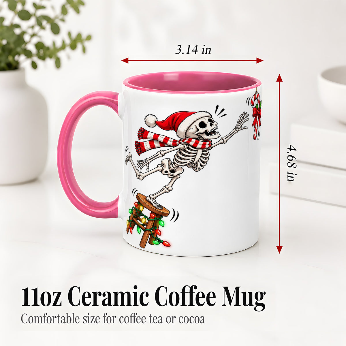 #pl[11oz|Pink] Christmas Skeleton Ceramic Mug, Playful Santa Holiday Coffee Cup