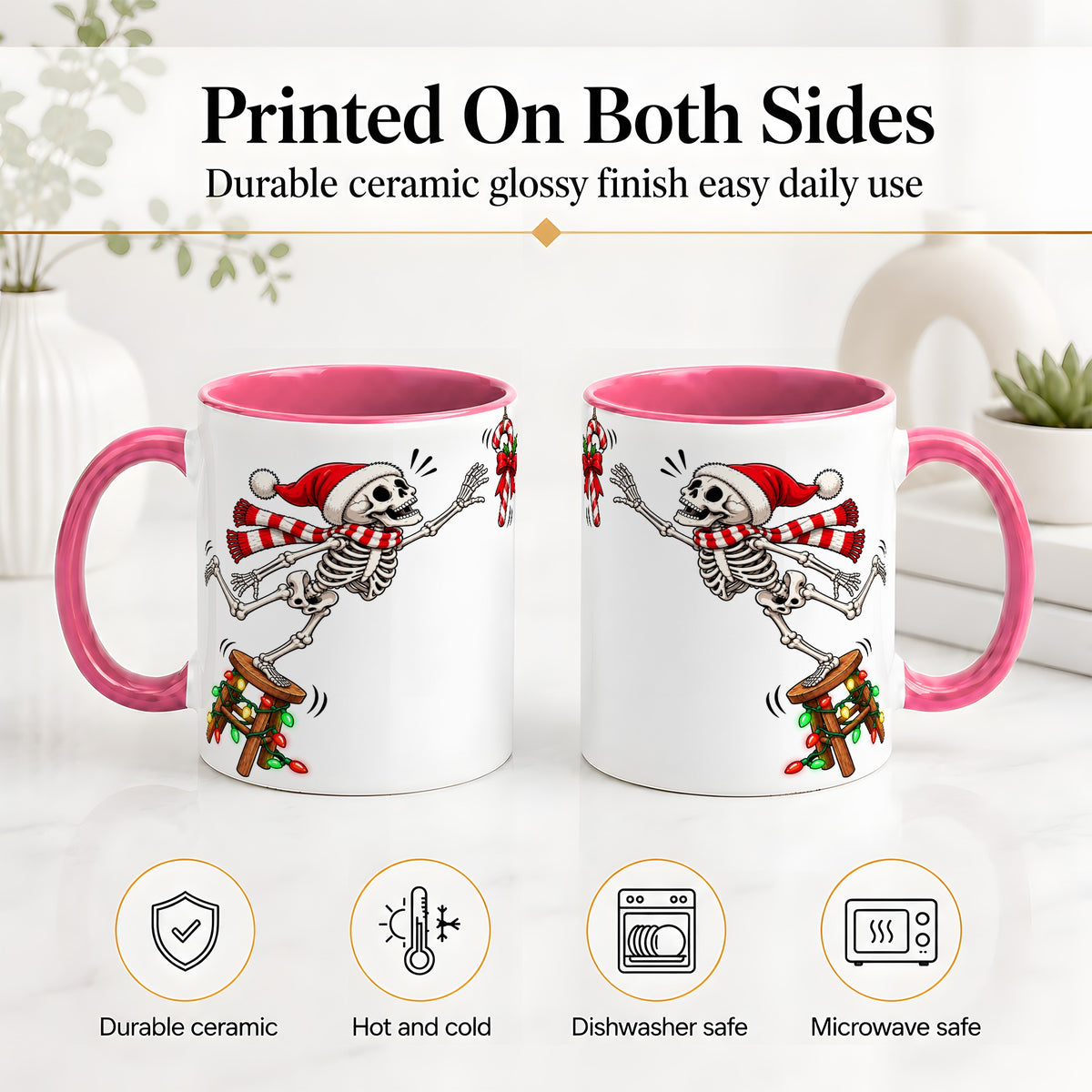 #pl[11oz|Pink] Christmas Skeleton Ceramic Mug, Playful Santa Holiday Coffee Cup