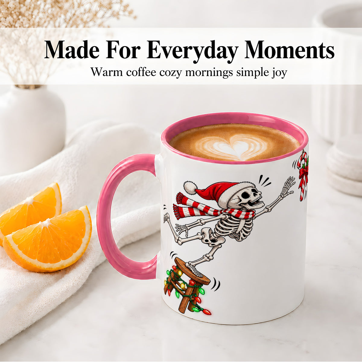 #pl[11oz|Pink] Christmas Skeleton Ceramic Mug, Playful Santa Holiday Coffee Cup