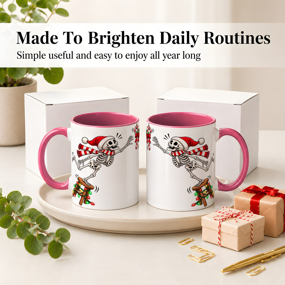 #pl[11oz|Pink] Christmas Skeleton Ceramic Mug, Playful Santa Holiday Coffee Cup