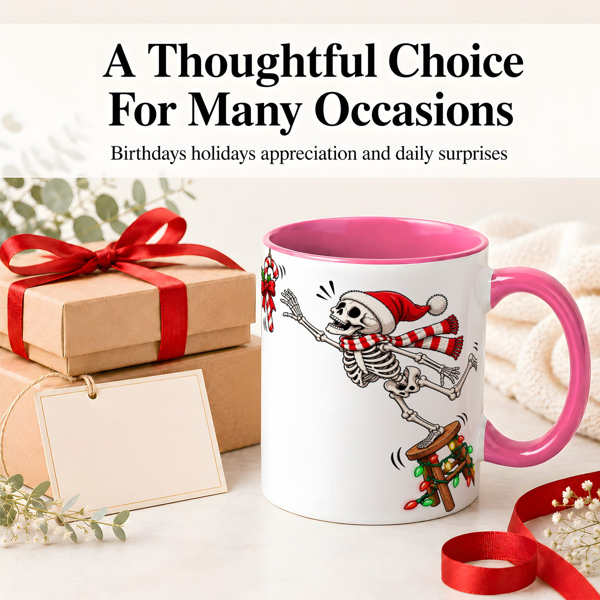 #pl[11oz|Pink] Christmas Skeleton Ceramic Mug, Playful Santa Holiday Coffee Cup