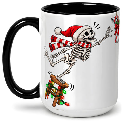 #pl[15oz|Black] Christmas Skeleton Ceramic Mug, Playful Santa Holiday Coffee Cup