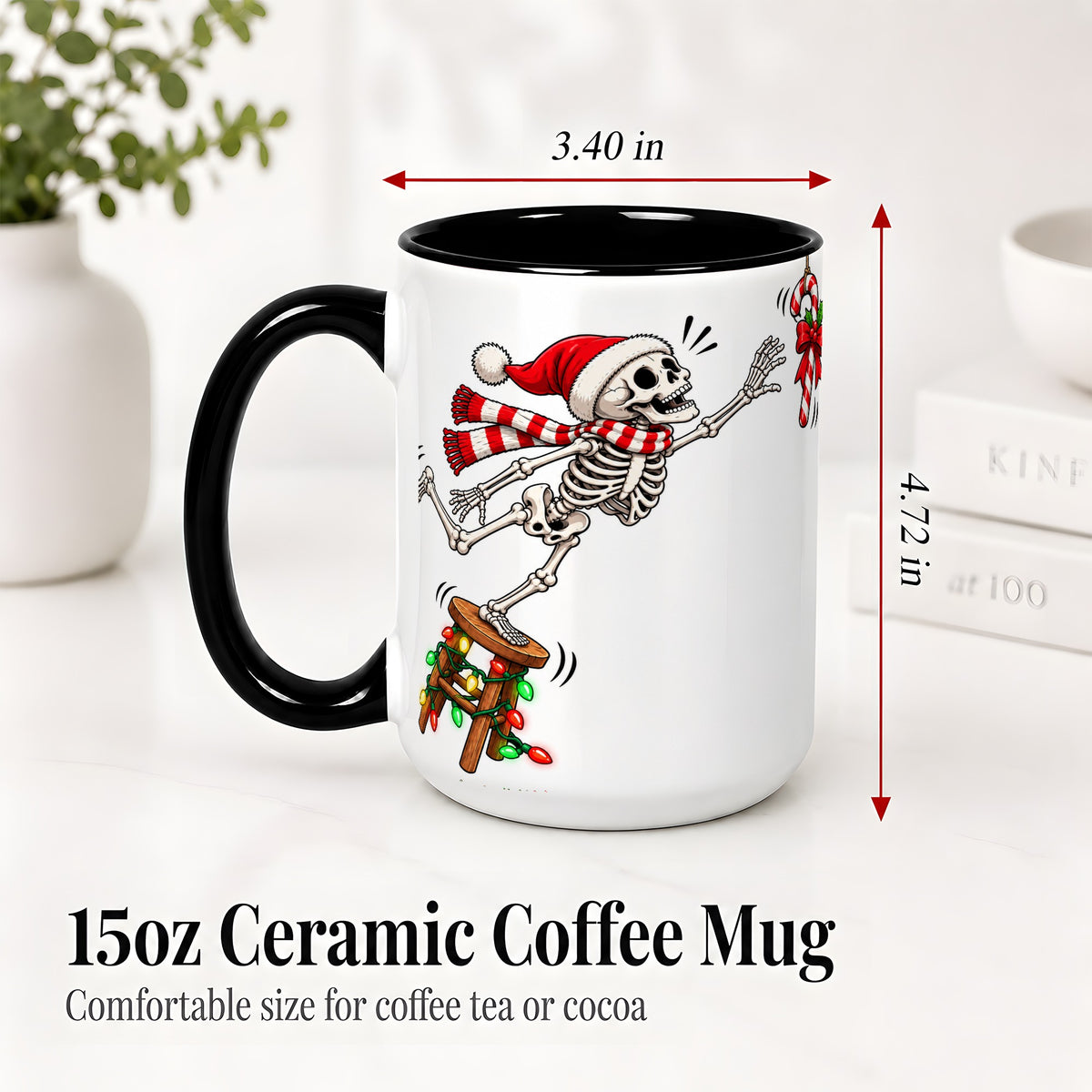 #pl[15oz|Black] Christmas Skeleton Ceramic Mug, Playful Santa Holiday Coffee Cup