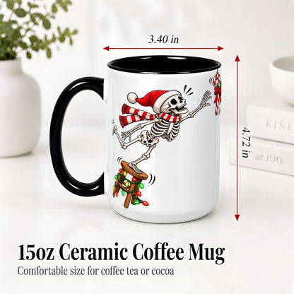 #pl[15oz|Black] Christmas Skeleton Ceramic Mug, Playful Santa Holiday Coffee Cup