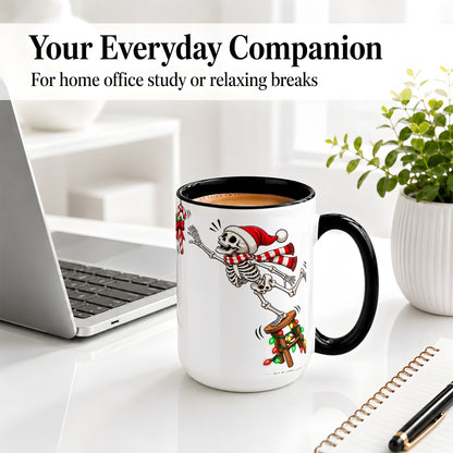 #pl[15oz|Black] Christmas Skeleton Ceramic Mug, Playful Santa Holiday Coffee Cup