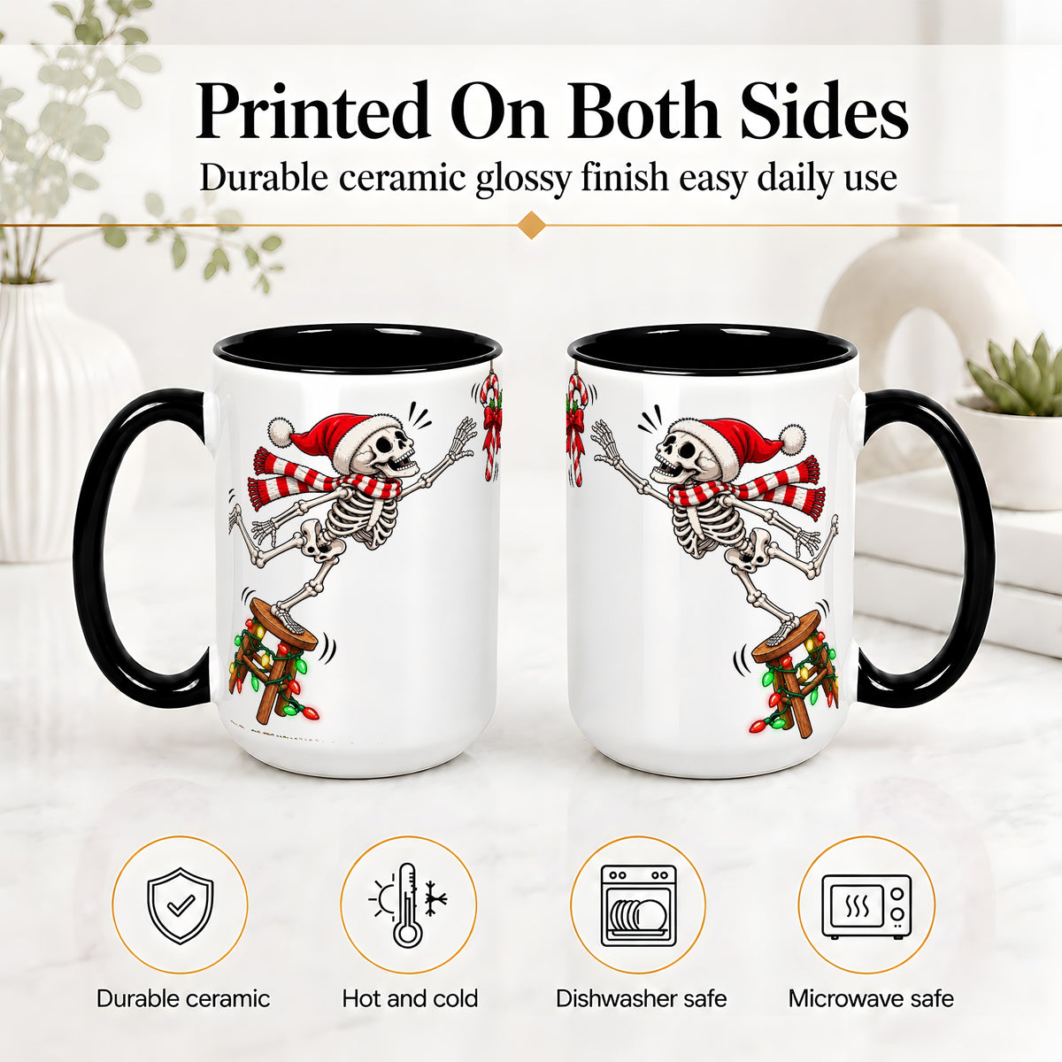 #pl[15oz|Black] Christmas Skeleton Ceramic Mug, Playful Santa Holiday Coffee Cup