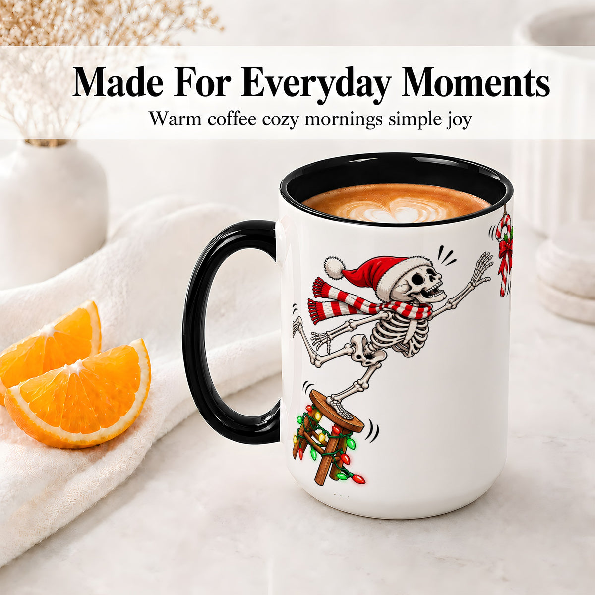 #pl[15oz|Black] Christmas Skeleton Ceramic Mug, Playful Santa Holiday Coffee Cup
