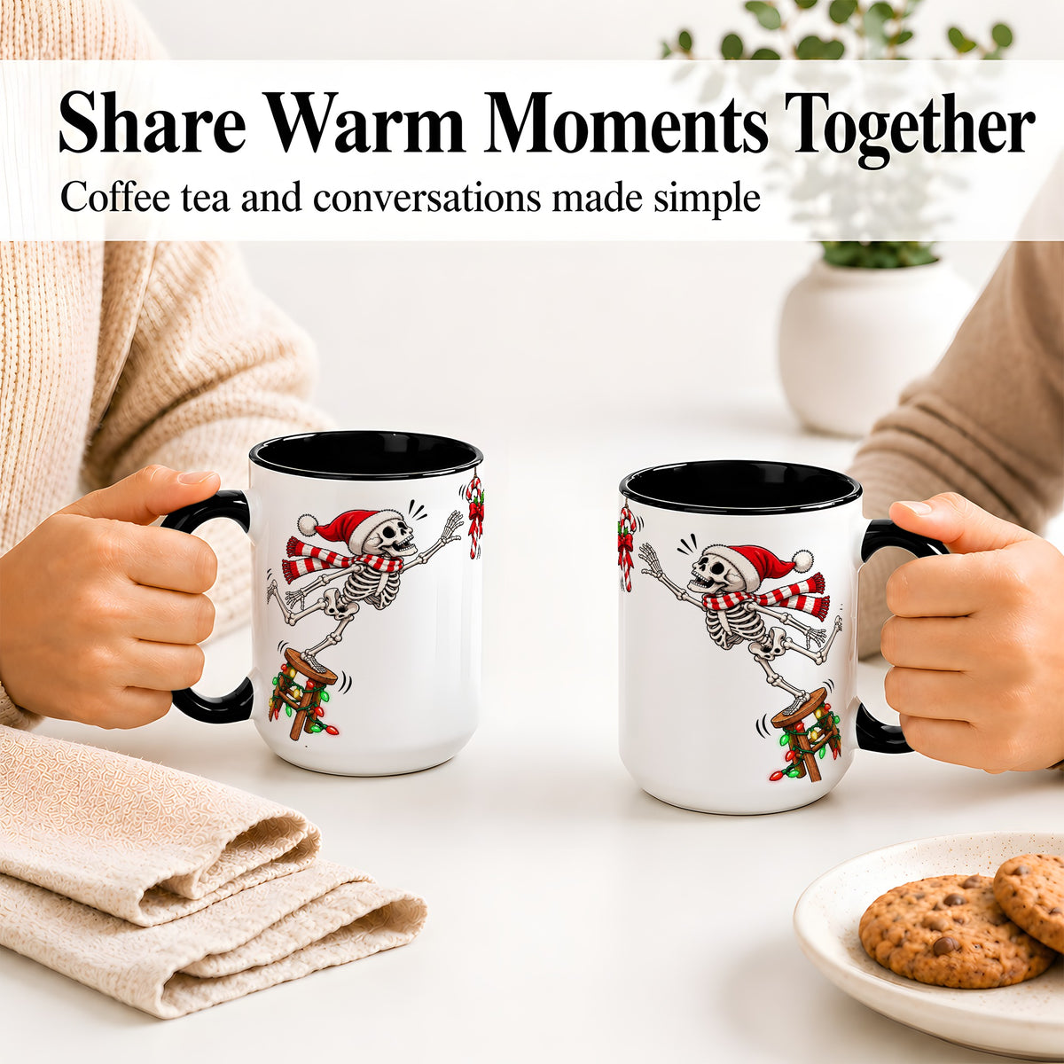 #pl[15oz|Black] Christmas Skeleton Ceramic Mug, Playful Santa Holiday Coffee Cup