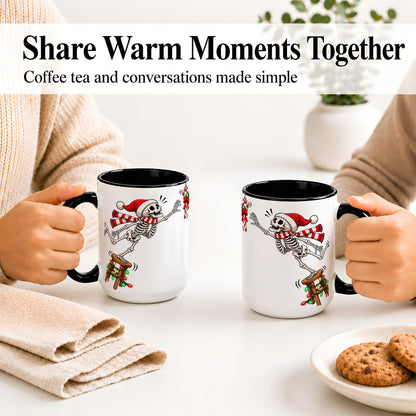 #pl[15oz|Black] Christmas Skeleton Ceramic Mug, Playful Santa Holiday Coffee Cup