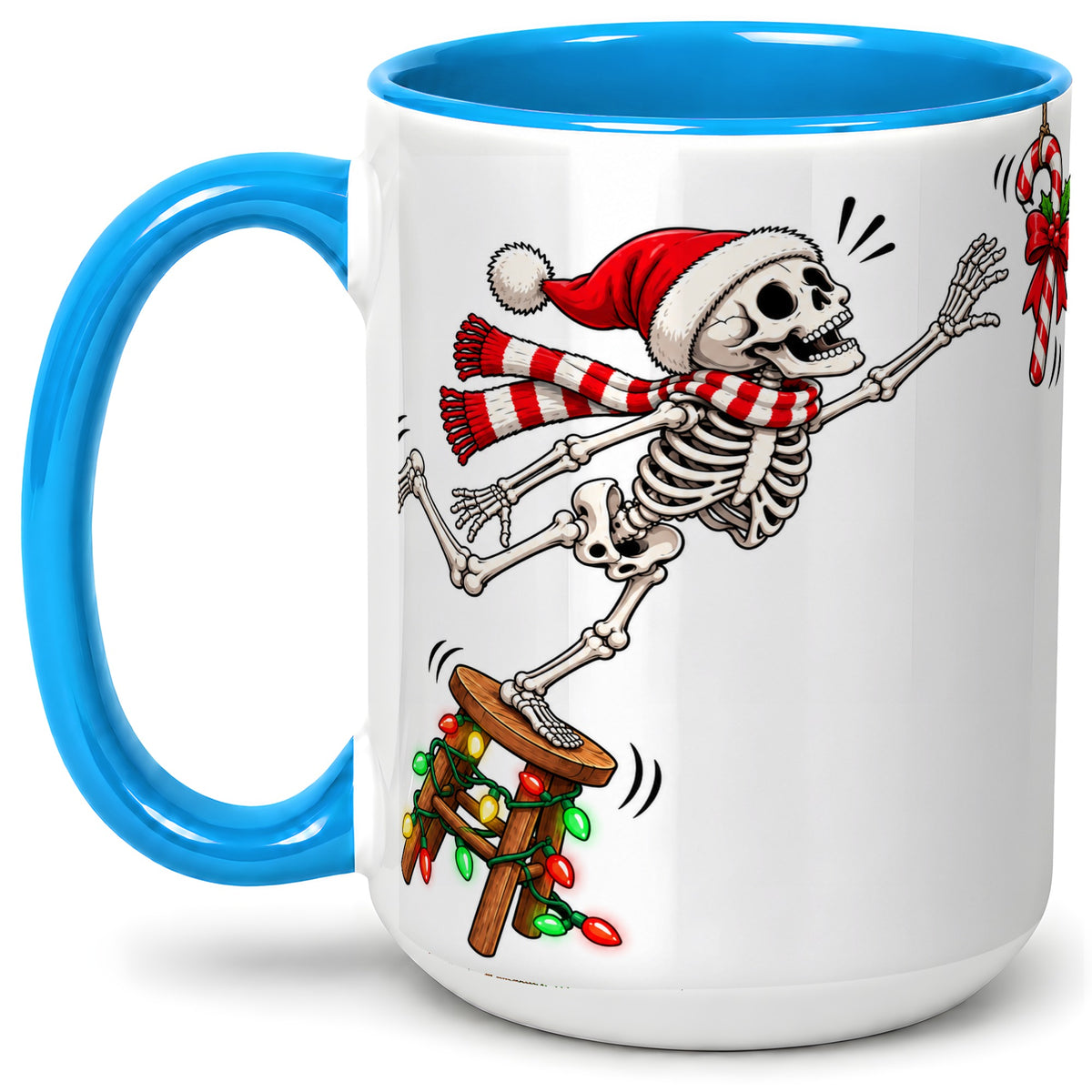 #pl[15oz|Blue] Christmas Skeleton Ceramic Mug, Playful Santa Holiday Coffee Cup