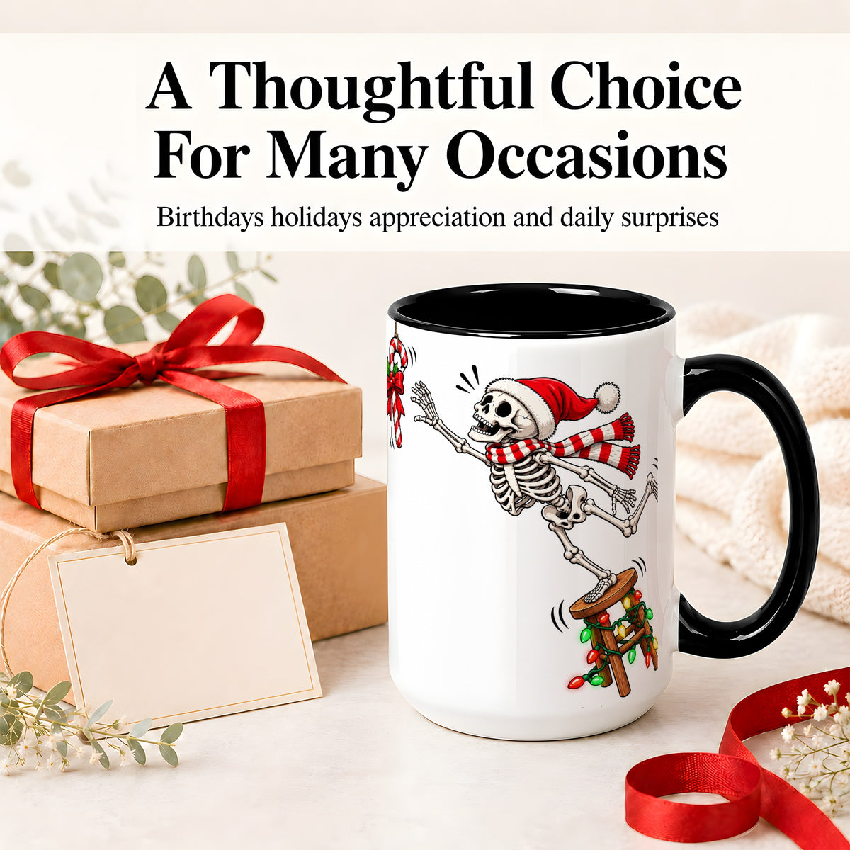 #pl[15oz|Black] Christmas Skeleton Ceramic Mug, Playful Santa Holiday Coffee Cup