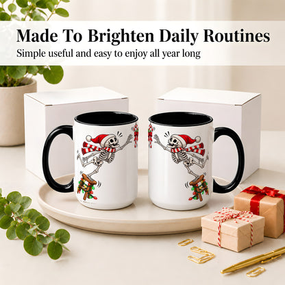 #pl[15oz|Black] Christmas Skeleton Ceramic Mug, Playful Santa Holiday Coffee Cup
