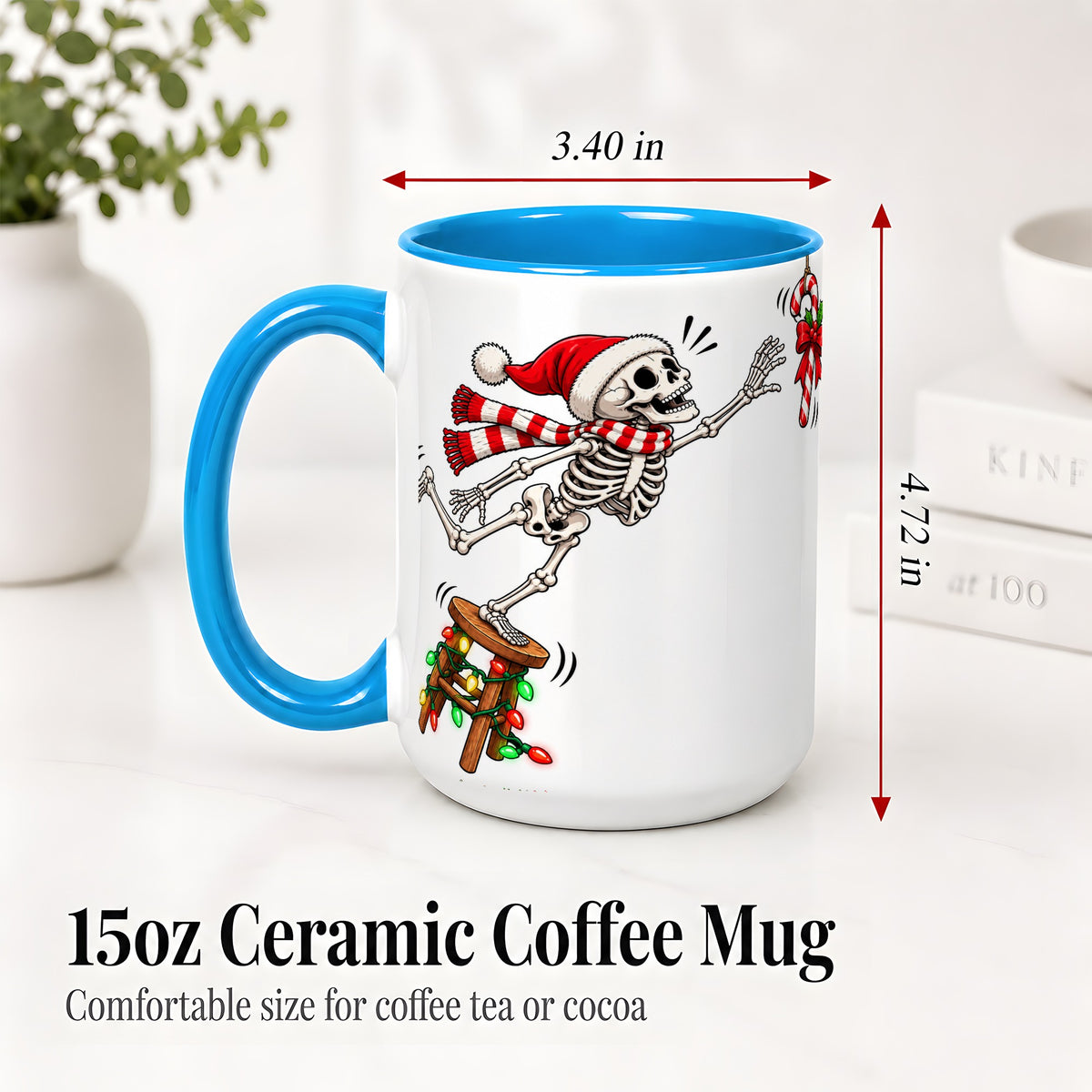 #pl[15oz|Blue] Christmas Skeleton Ceramic Mug, Playful Santa Holiday Coffee Cup