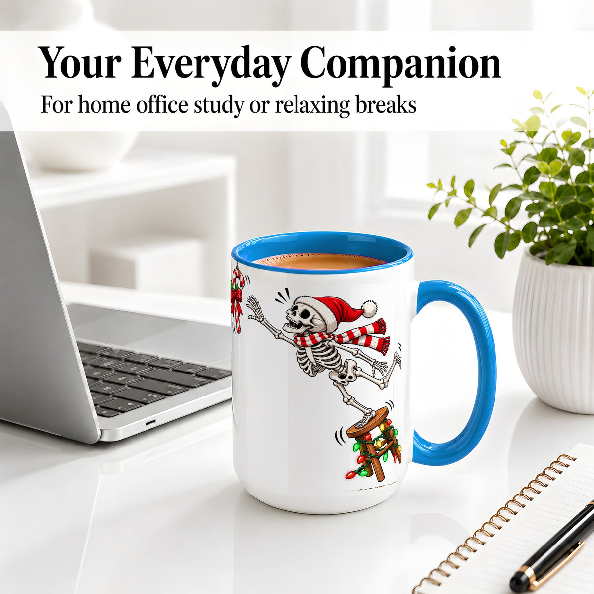 #pl[15oz|Blue] Christmas Skeleton Ceramic Mug, Playful Santa Holiday Coffee Cup