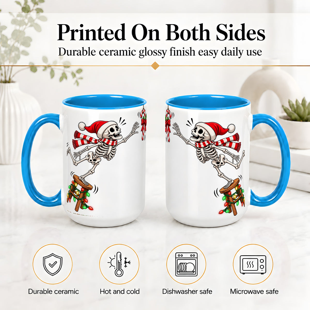 #pl[15oz|Blue] Christmas Skeleton Ceramic Mug, Playful Santa Holiday Coffee Cup