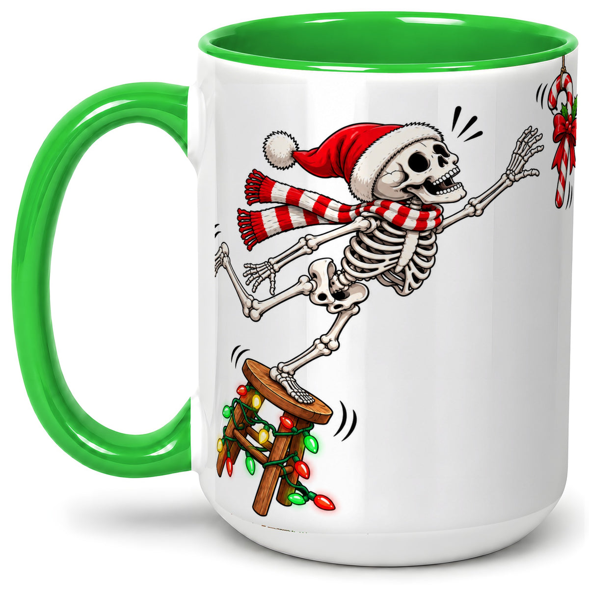 #pl[15oz|Green] Christmas Skeleton Ceramic Mug, Playful Santa Holiday Coffee Cup