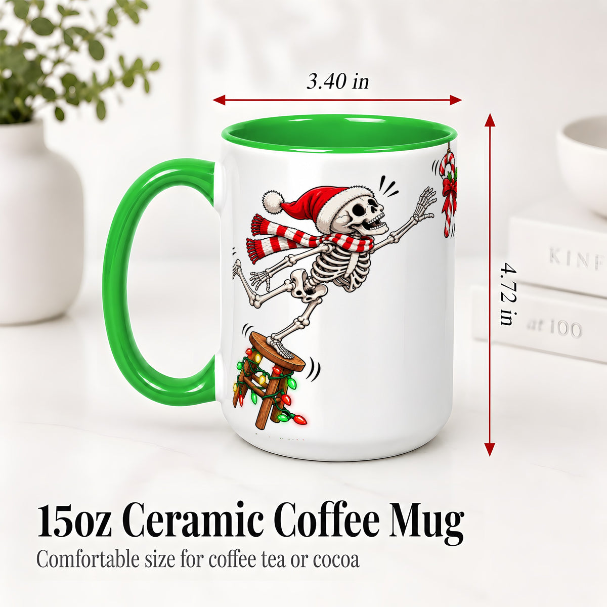 #pl[15oz|Green] Christmas Skeleton Ceramic Mug, Playful Santa Holiday Coffee Cup
