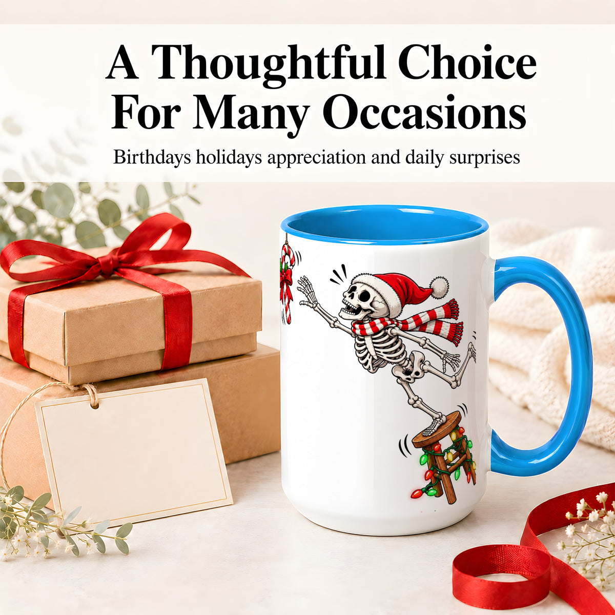 #pl[15oz|Blue] Christmas Skeleton Ceramic Mug, Playful Santa Holiday Coffee Cup