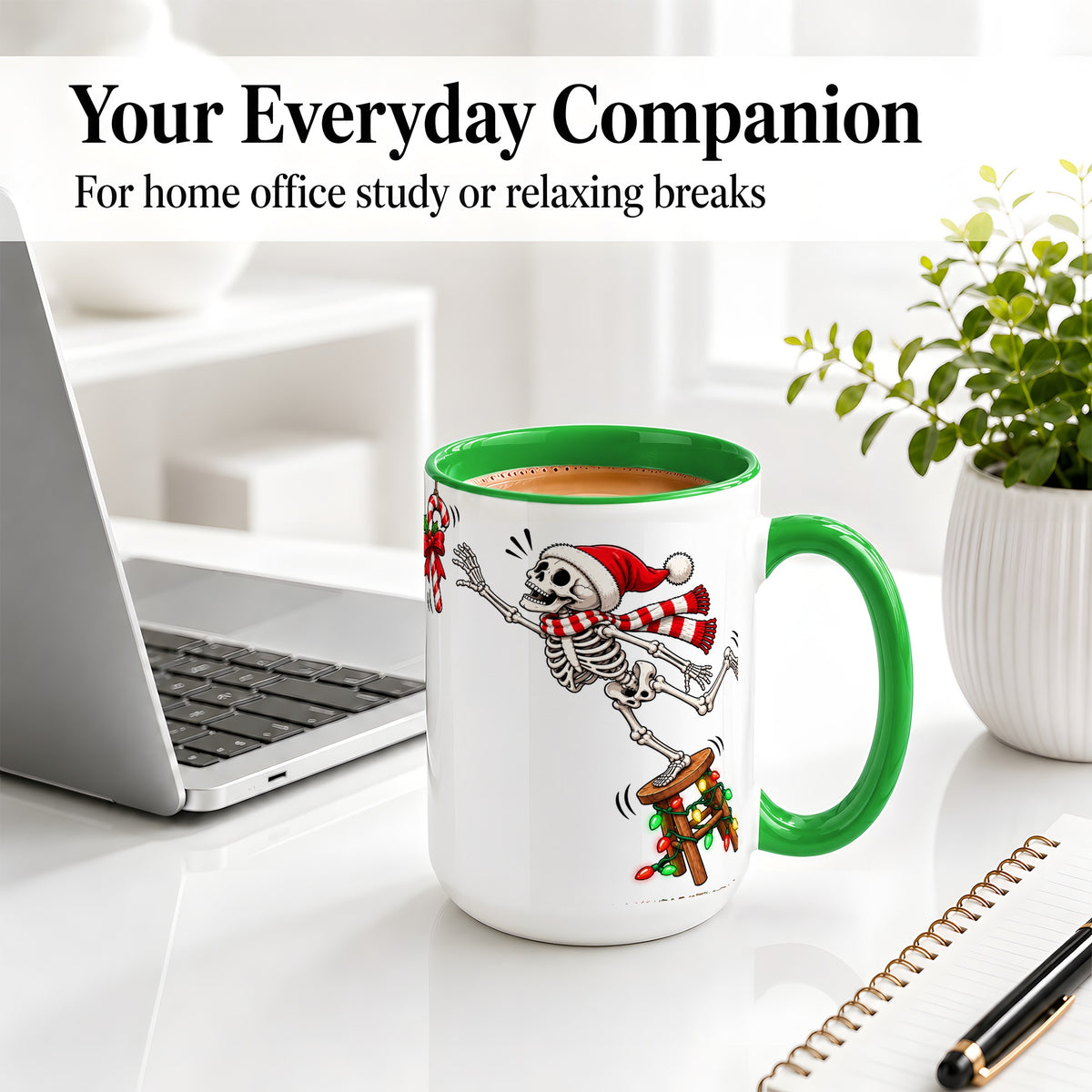 #pl[15oz|Green] Christmas Skeleton Ceramic Mug, Playful Santa Holiday Coffee Cup