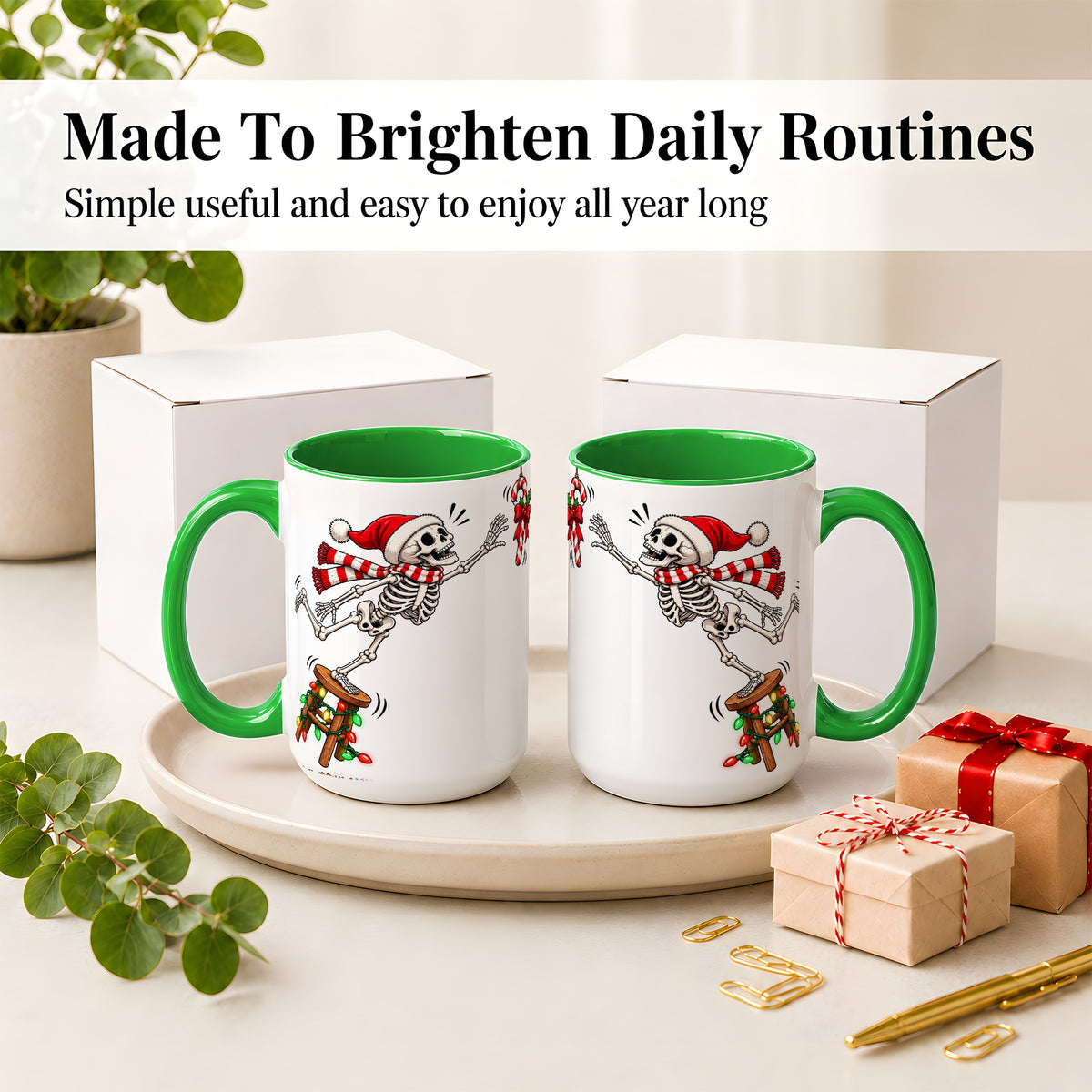 #pl[15oz|Green] Christmas Skeleton Ceramic Mug, Playful Santa Holiday Coffee Cup