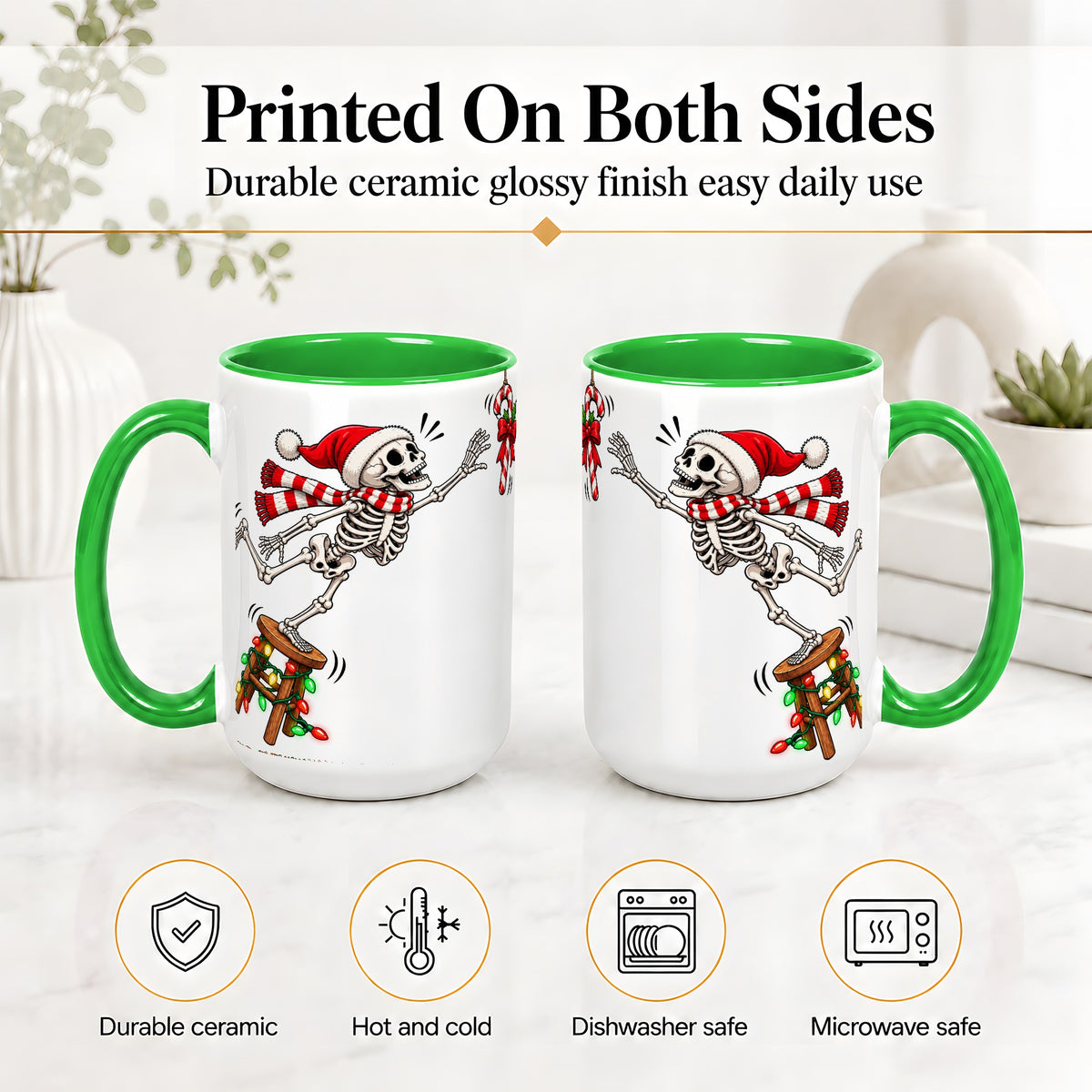 #pl[15oz|Green] Christmas Skeleton Ceramic Mug, Playful Santa Holiday Coffee Cup