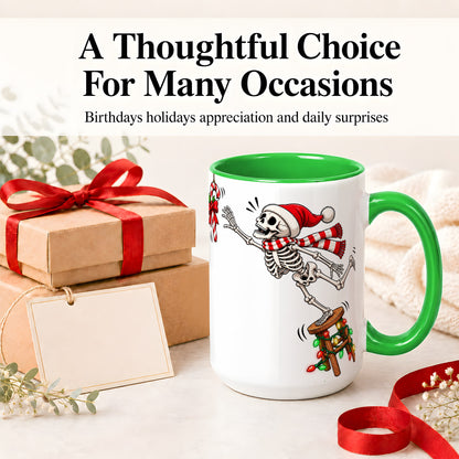 #pl[15oz|Green] Christmas Skeleton Ceramic Mug, Playful Santa Holiday Coffee Cup