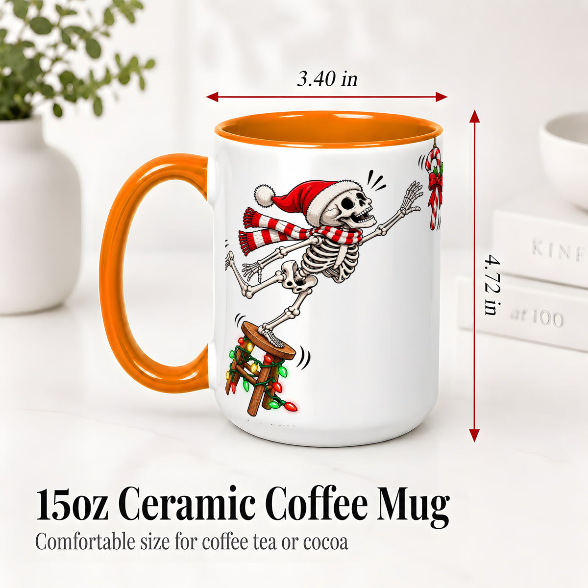 #pl[15oz|Orange] Christmas Skeleton Ceramic Mug, Playful Santa Holiday Coffee Cup