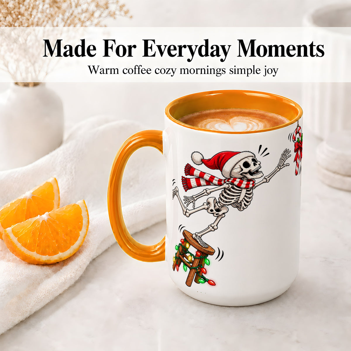#pl[15oz|Orange] Christmas Skeleton Ceramic Mug, Playful Santa Holiday Coffee Cup