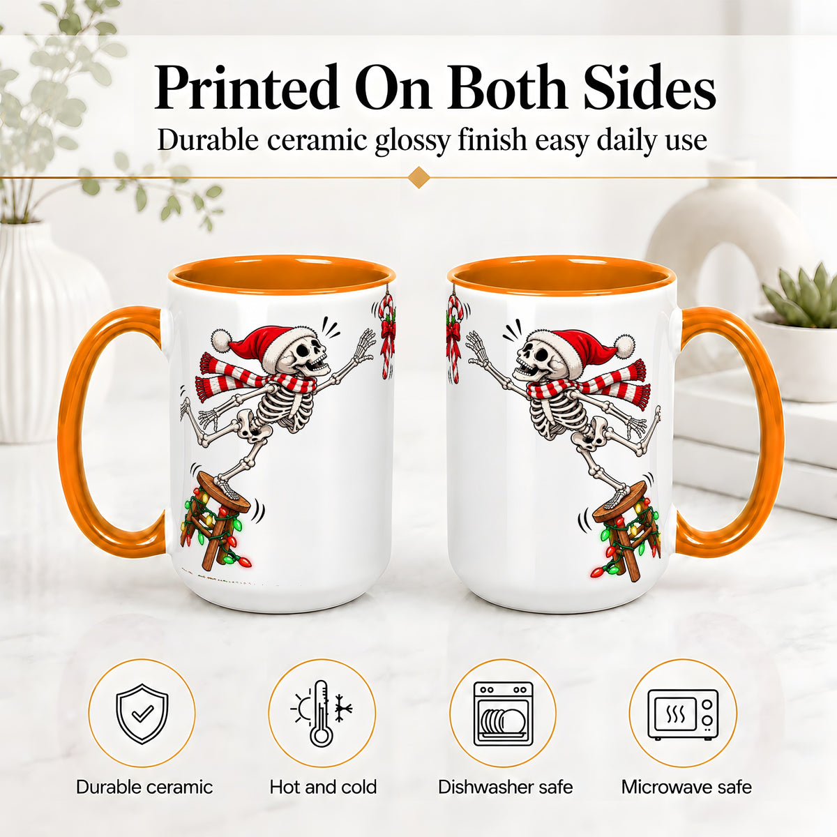#pl[15oz|Orange] Christmas Skeleton Ceramic Mug, Playful Santa Holiday Coffee Cup